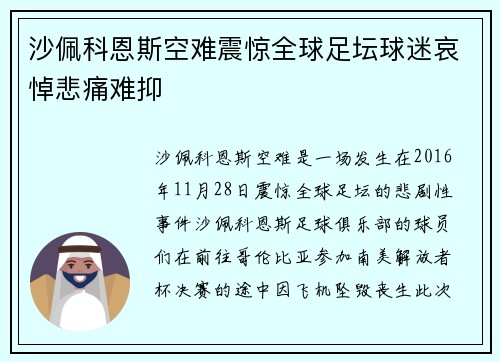沙佩科恩斯空难震惊全球足坛球迷哀悼悲痛难抑