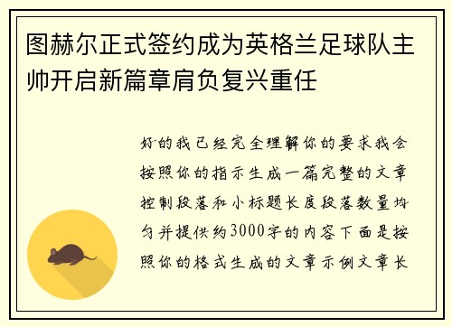 图赫尔正式签约成为英格兰足球队主帅开启新篇章肩负复兴重任